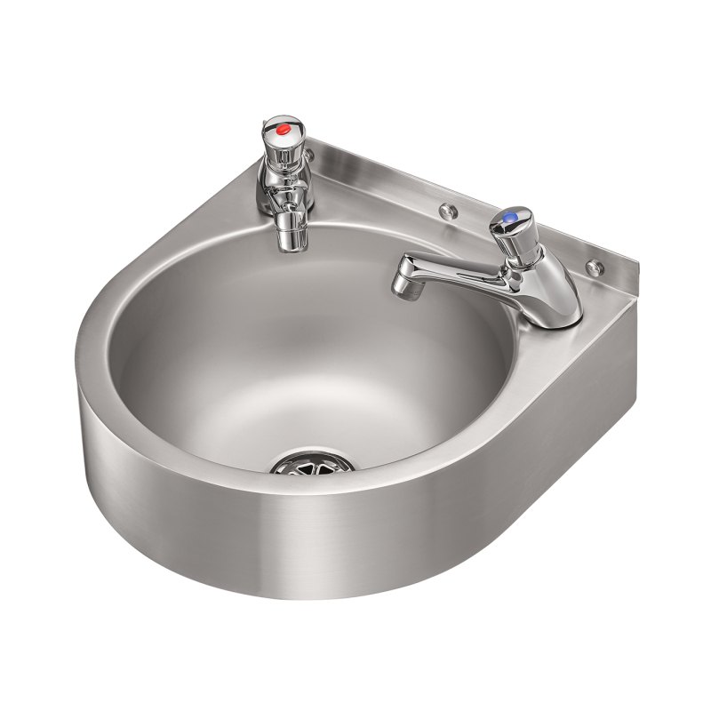 Round stainless steel wash basin with press button taps
