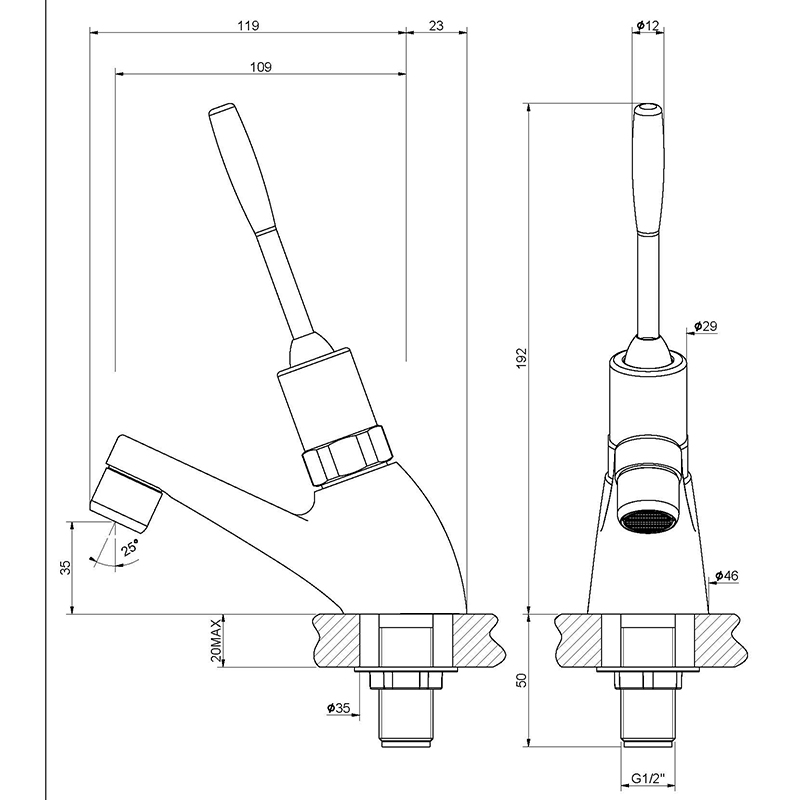 time flow lever tap dimensions