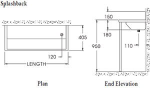 picture of the dimensions for the splashback style wash trough